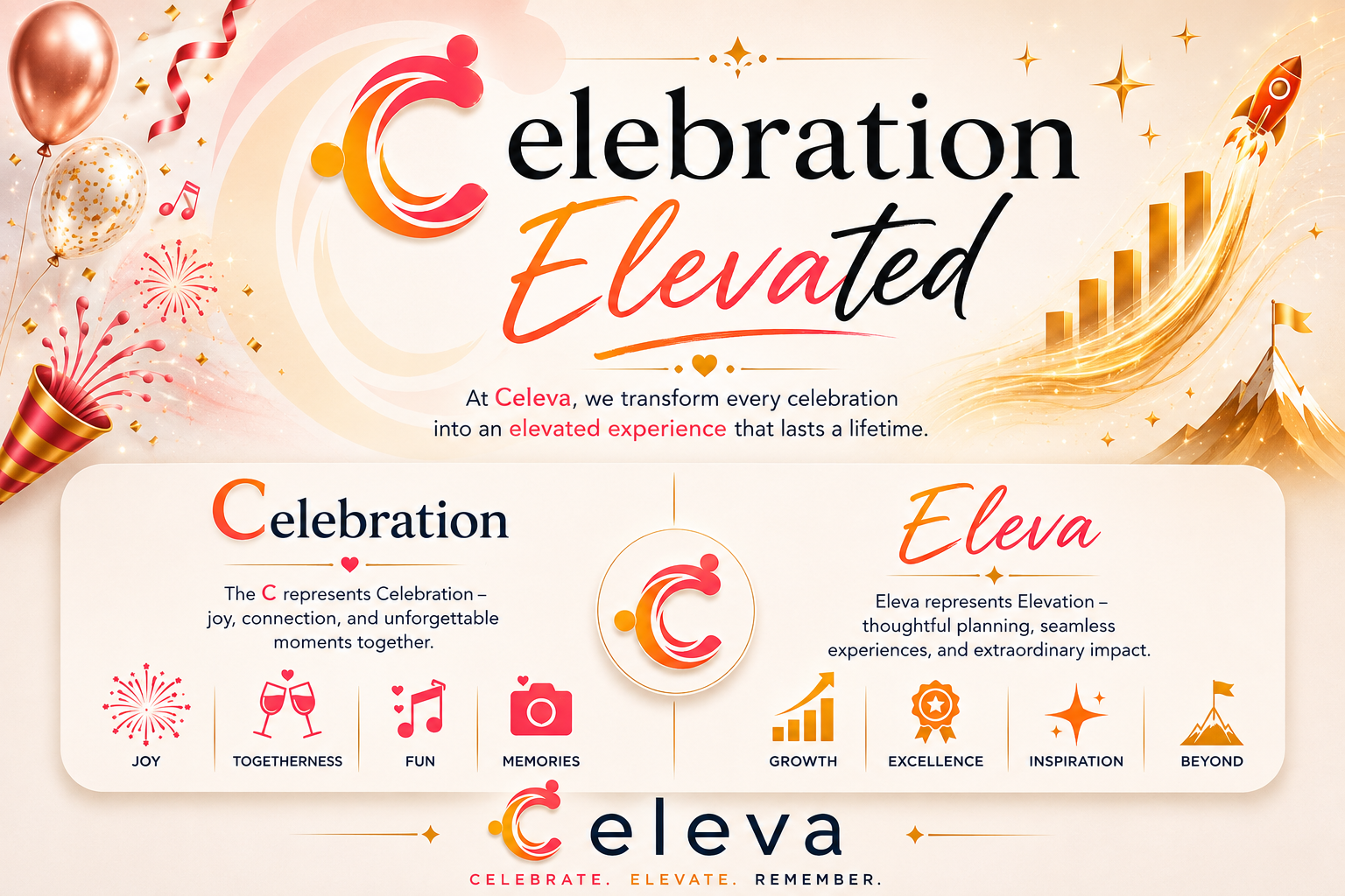 Celeva logo meaning: Celebration is elevated.