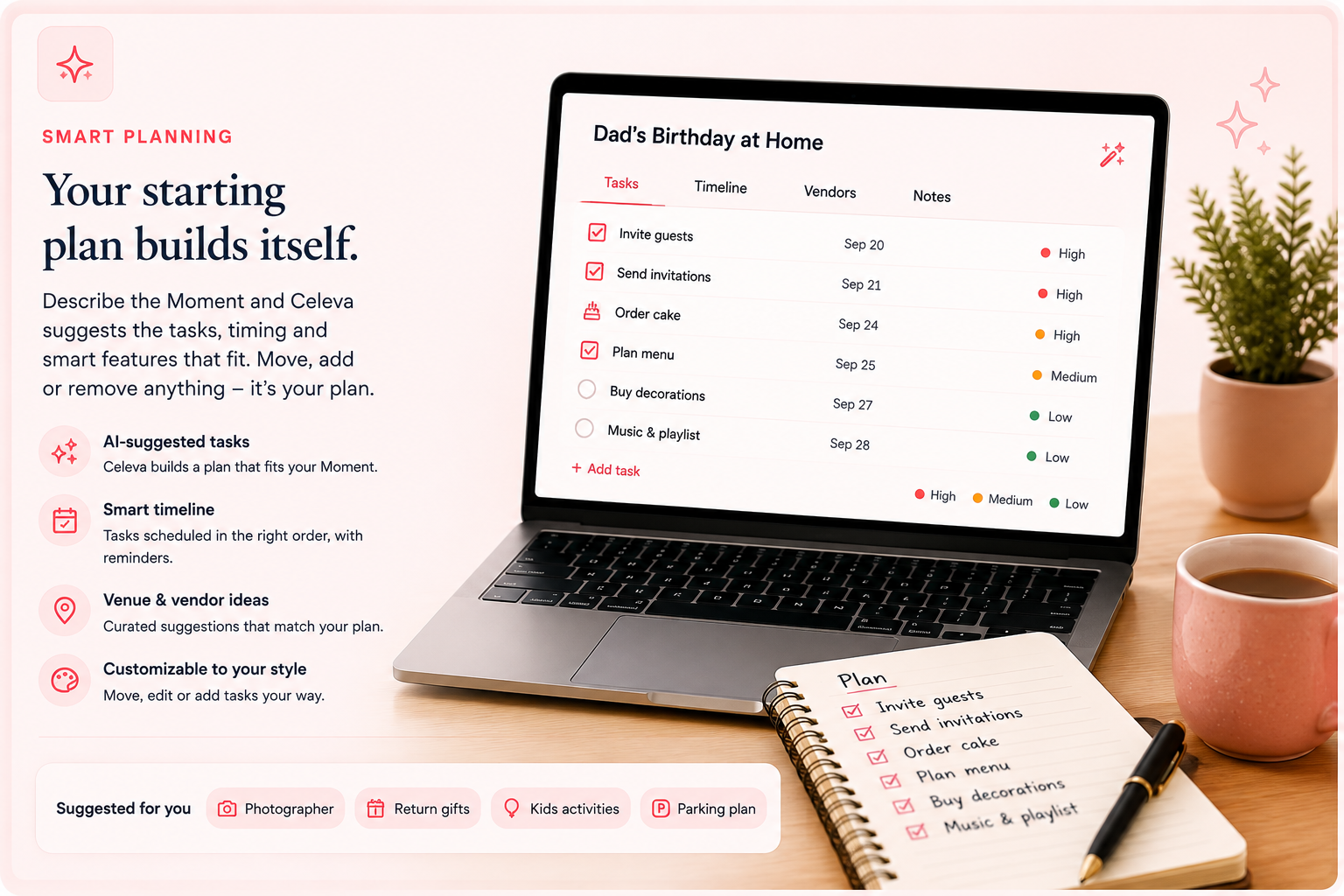 Smart Planning feature card showing a laptop plan, scheduled tasks and suggested next steps.